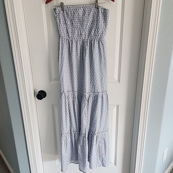 Sim & Sam Strapless Maxi Dress Blue Tiered Ruffle Size M Cotton Peasant NWT - Picture 1 of 8